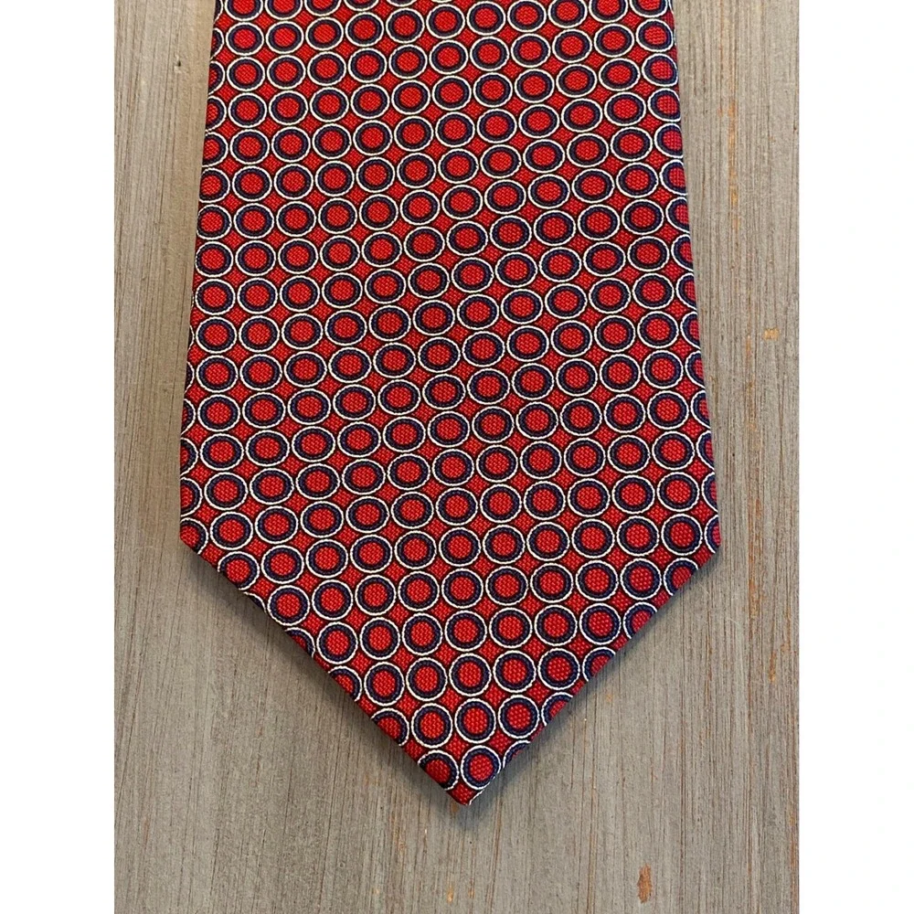 Lauren Ralph Lauren Mens Red Navy Blue Geometric Circle Silk Necktie Made in USA